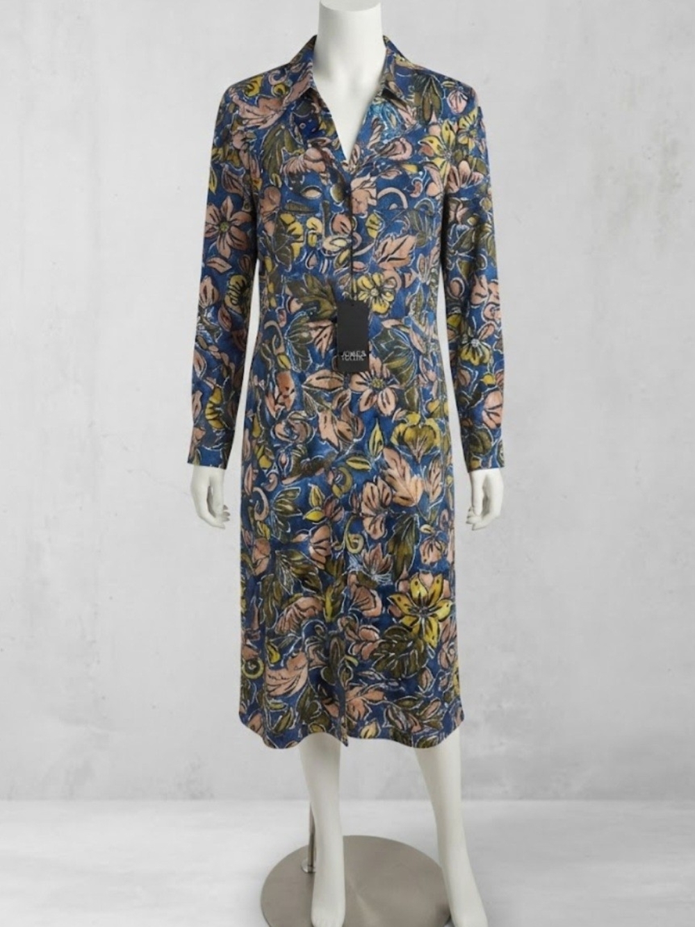Floral Long-Sleeve Midi Shirt Dress in Blue